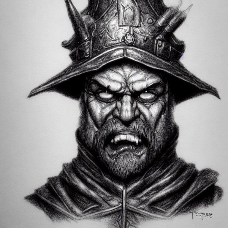 Detailed pencil sketch of fierce warrior in samurai helmet with intense expression