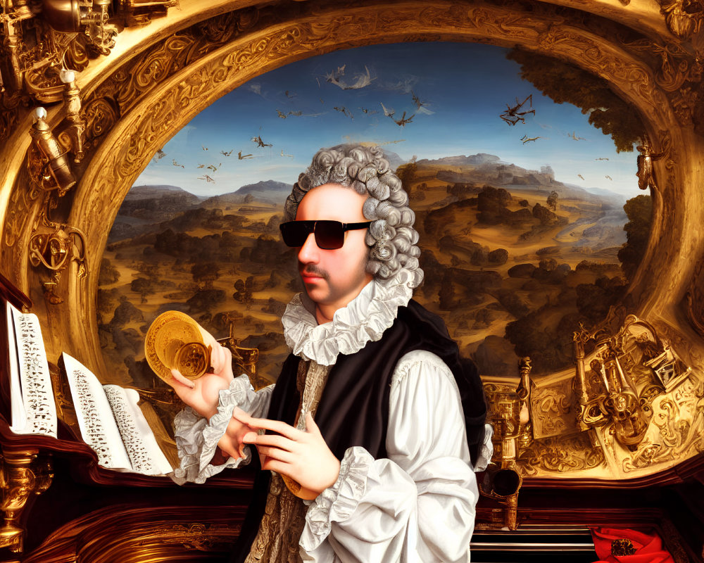 Man in historical attire with sunglasses holding a golden disc in modern twist portrait.