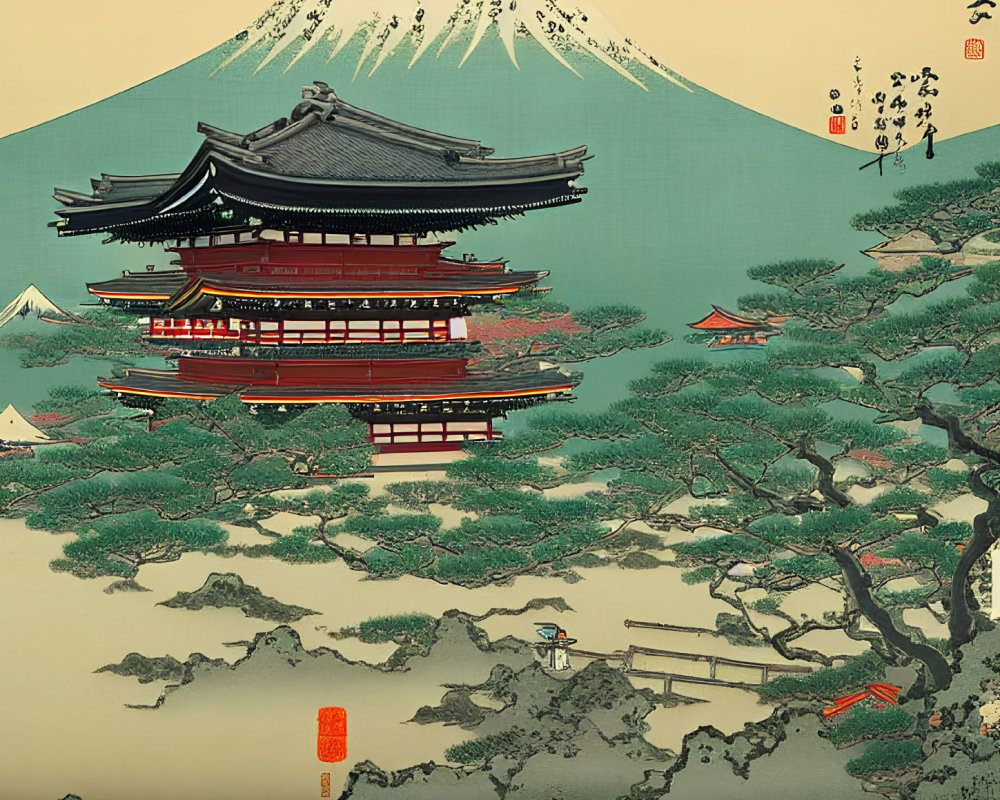 Traditional Japanese Woodblock Print: Red and Black Pagoda with Mount Fuji