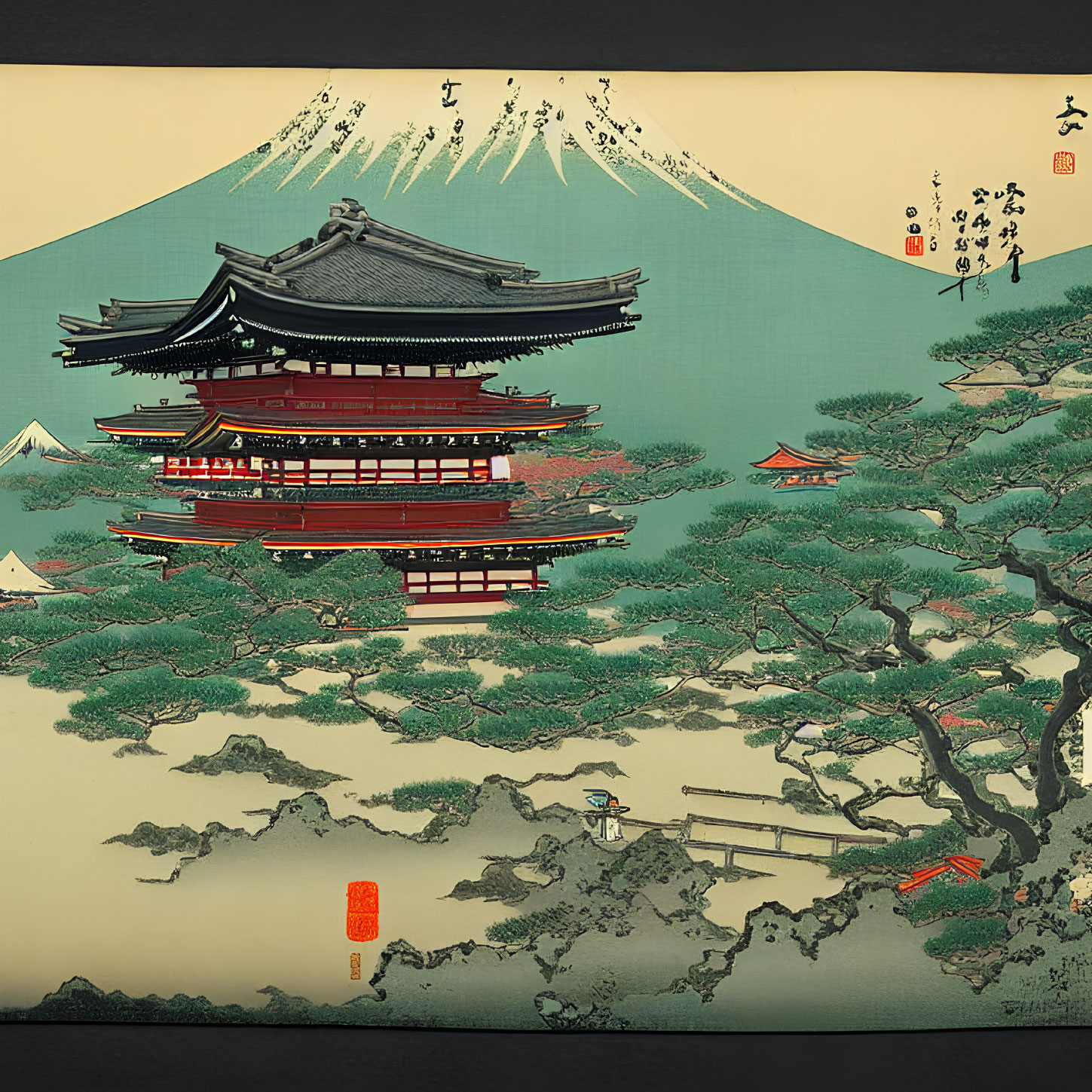 Traditional Japanese Woodblock Print: Red and Black Pagoda with Mount Fuji