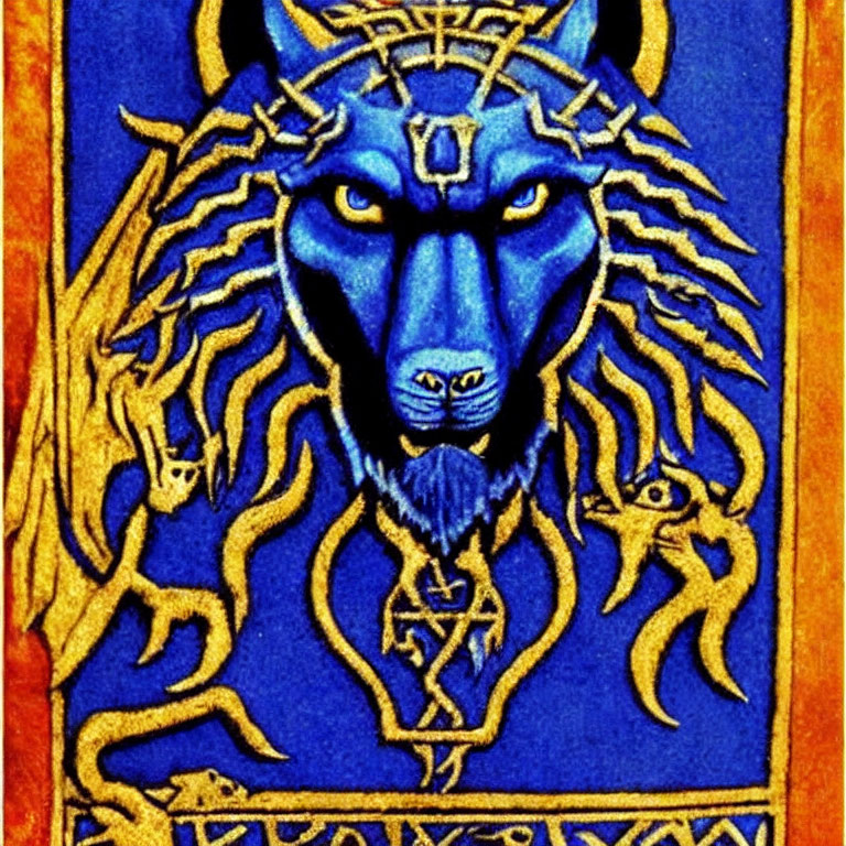 Detailed Stylized Lion Illustration in Vibrant Blue and Gold