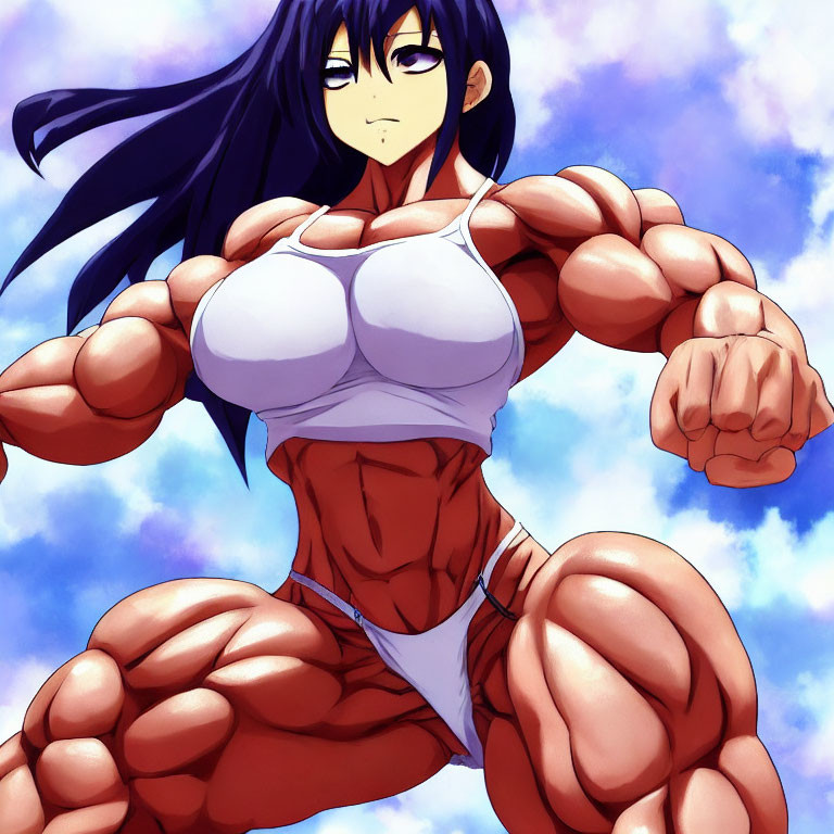 Blue-haired muscular female anime character in white leotard poses against blue sky