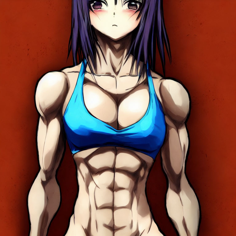 Muscular female anime character in blue sports bra on orange background