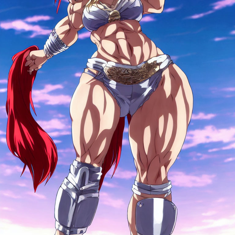 Red-Haired Muscular Character in Arm Guards Against Sky Backdrop