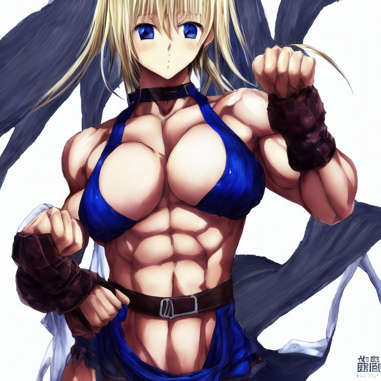 Muscular blonde anime female in blue top and gloves