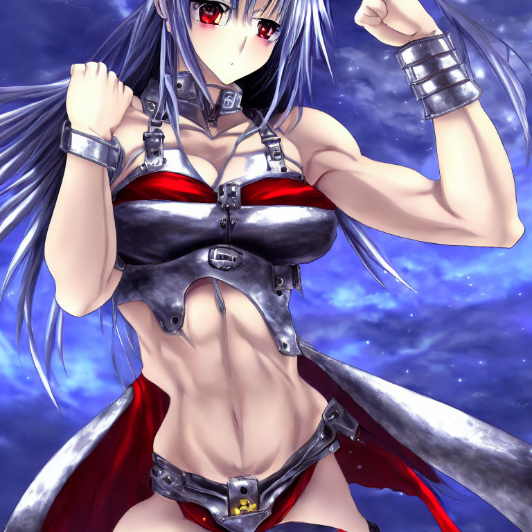 Silver-Haired Female Character in Black and Red Outfit with Red Eyes