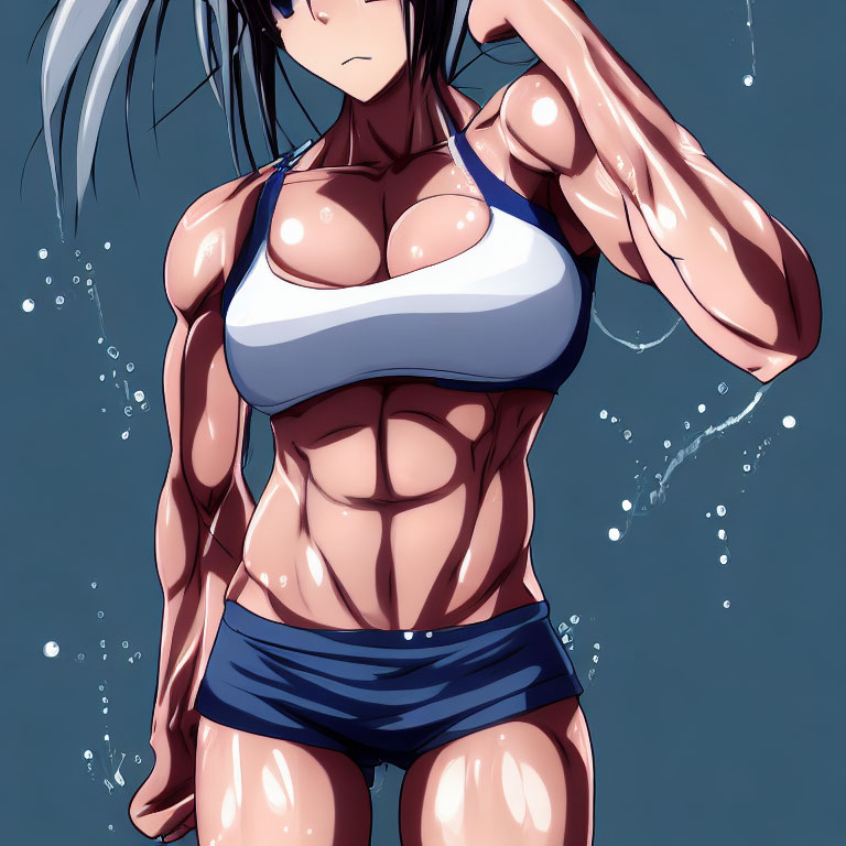 Muscular female character in blue and white sports bikini with water drops