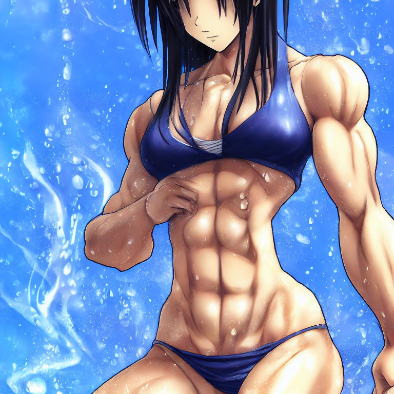 Muscular Woman in Blue Swimsuit with Defined Abs and Strong Physique