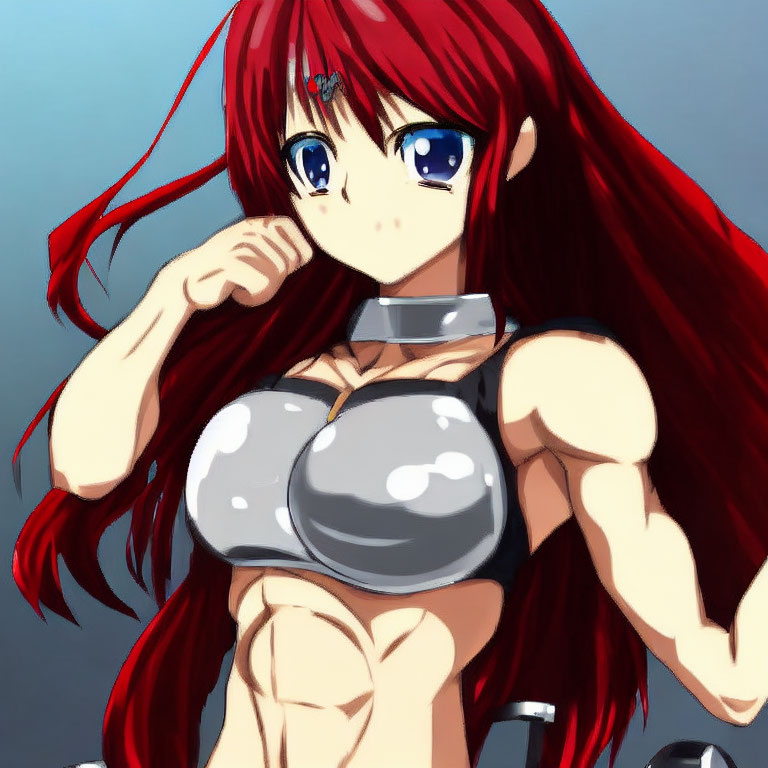 Long Red-Haired Anime Girl with Blue Eyes and Metallic Collar in Thoughtful Pose