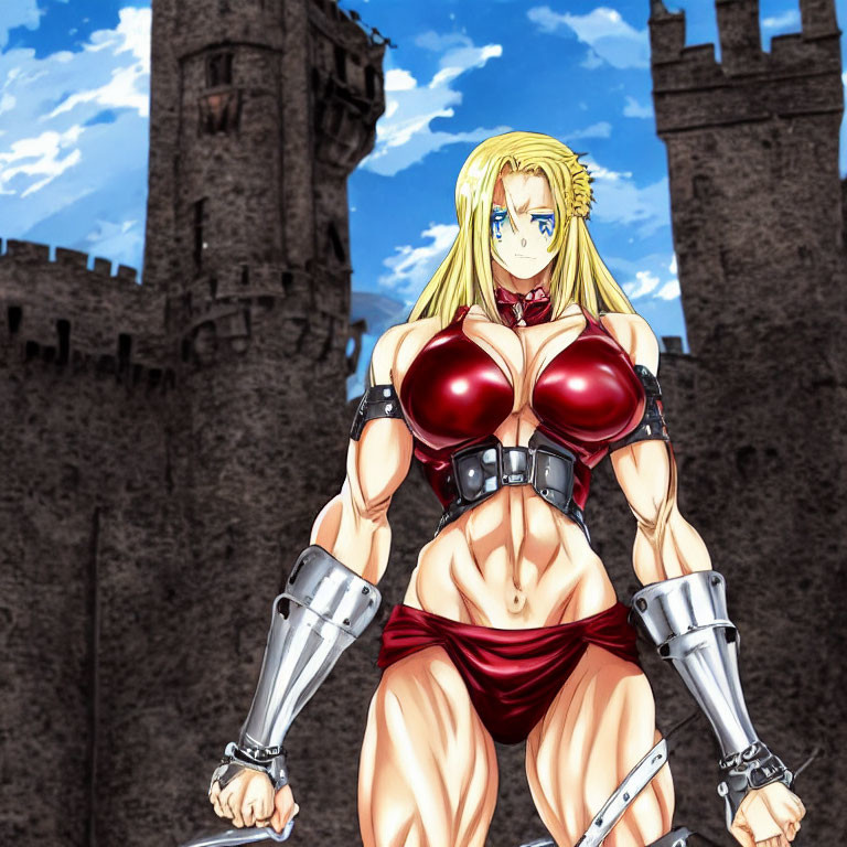 Blonde-haired female character in red armor with metal arm prosthetics at castle