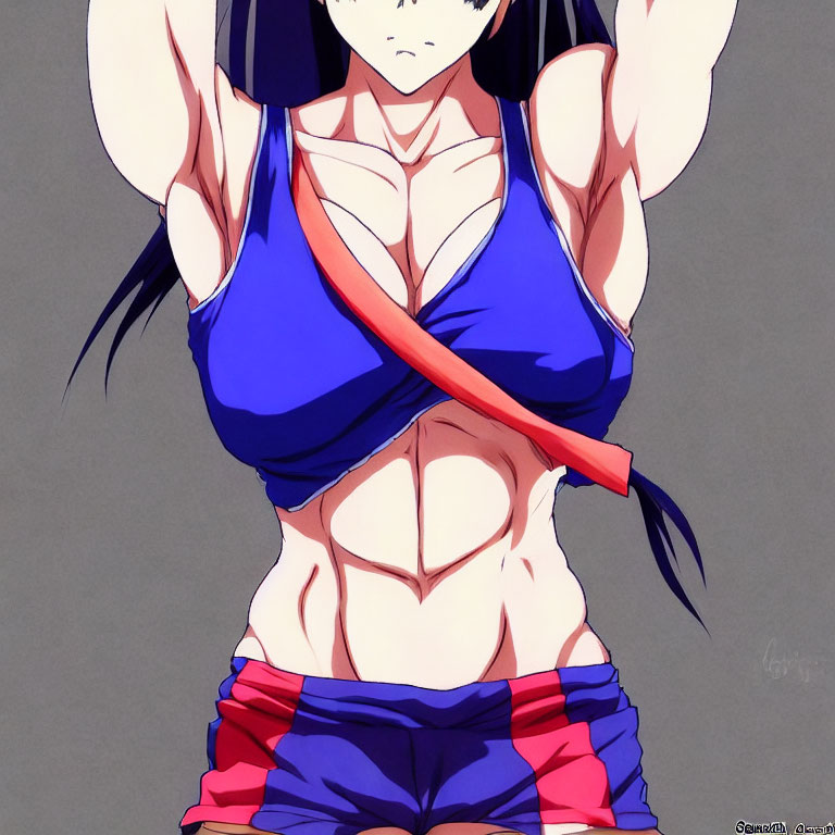 Fit anime-style female character in blue and red cropped martial arts outfit