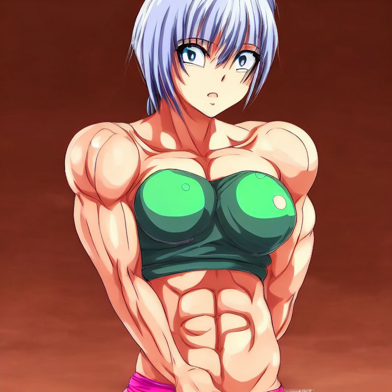 Muscular woman with blue hair in green sports bra on red background