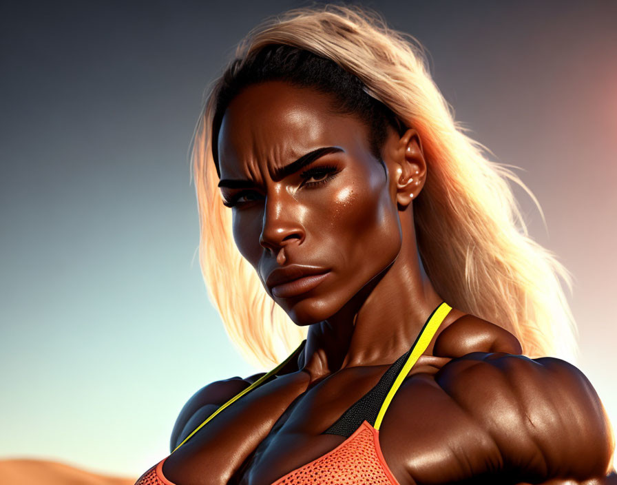 Muscular woman posing confidently in desert landscape