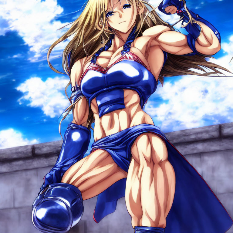 Muscular female fighter in blue and red gear with blonde hair in sky backdrop