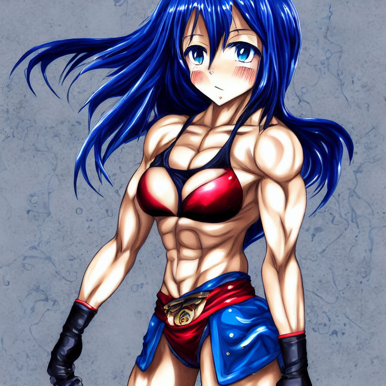 Blue-haired animated character in red top and blue shorts against grey background