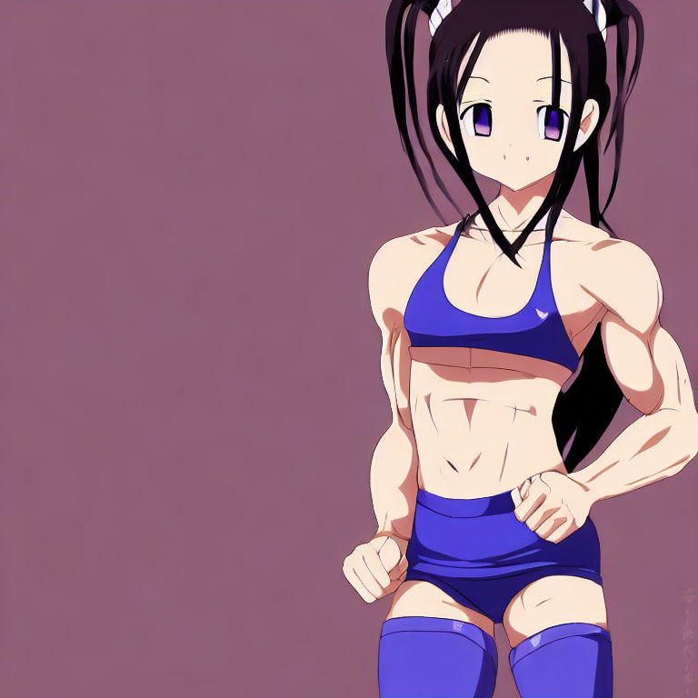 Anime character with long black hair, purple eyes, blue sports bra, shorts, and muscular physique.