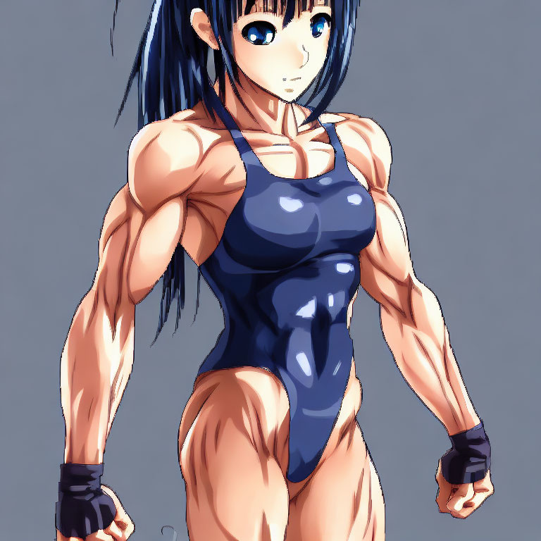 Blue-haired muscular animated character in blue bodysuit and black gloves striking intense pose