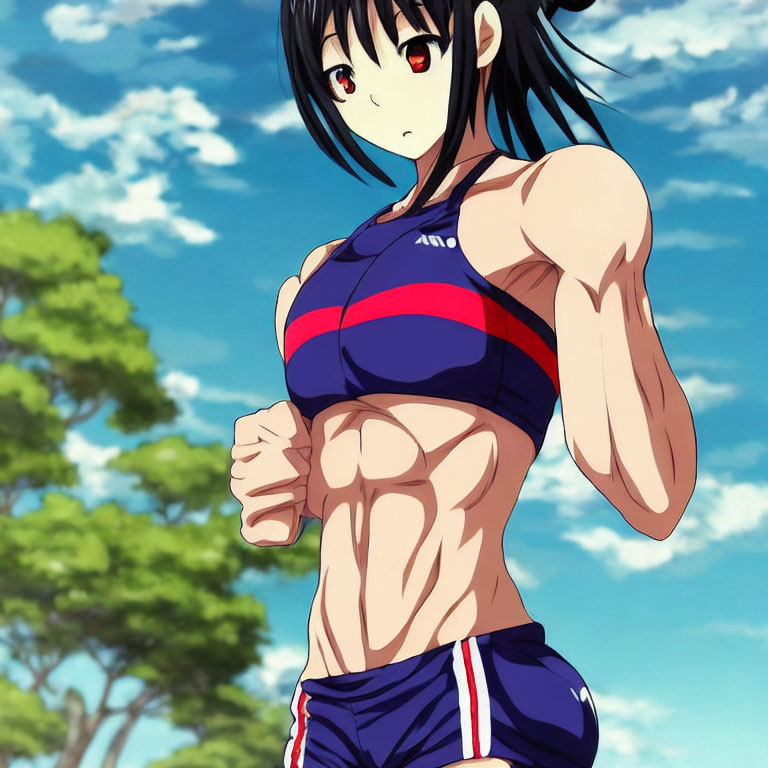 Anime character with red eyes and black hair in sports top displays muscular physique under blue sky.