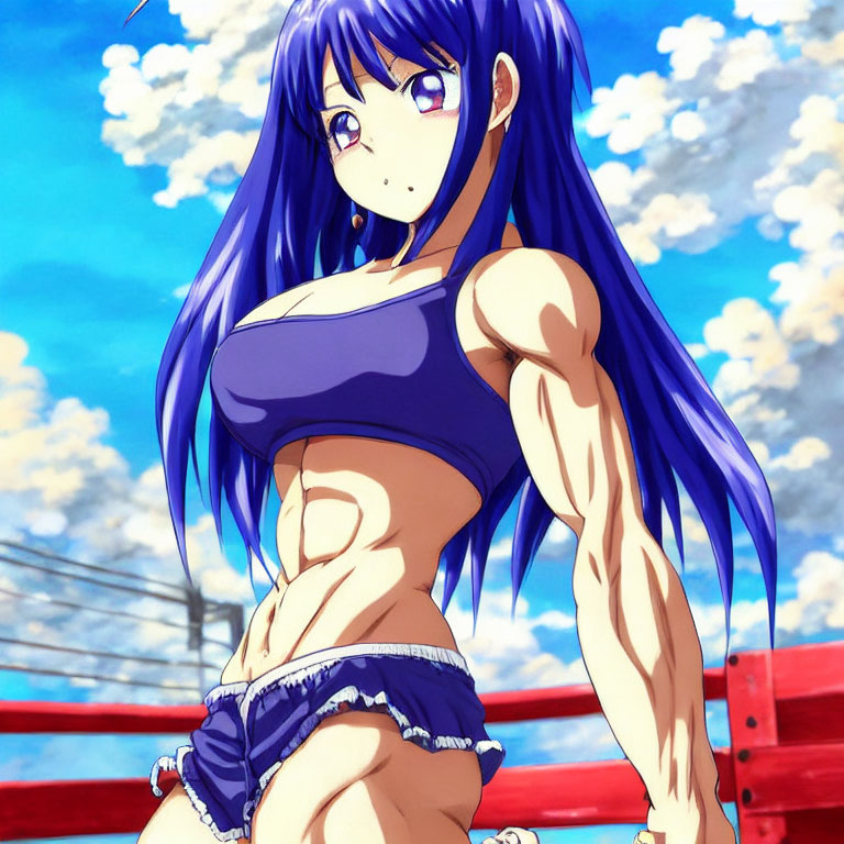 Blue-haired anime character in sports attire by red boxing ring