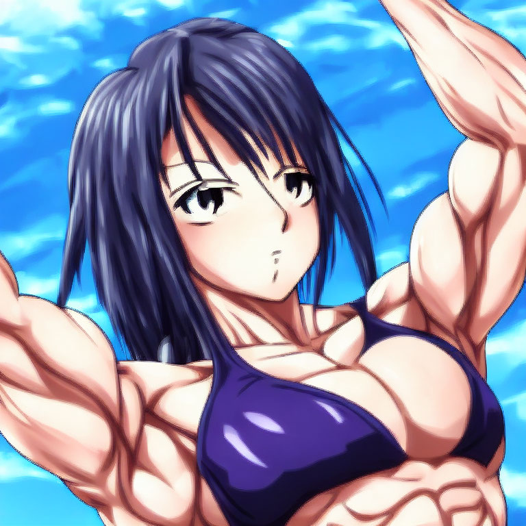 Muscular anime girl with blue hair flexing biceps in purple tank top against blue sky.