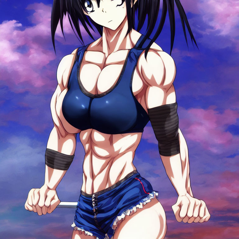 Muscular Female Character in Blue Sports Bra and Shorts against Cloudy Sky