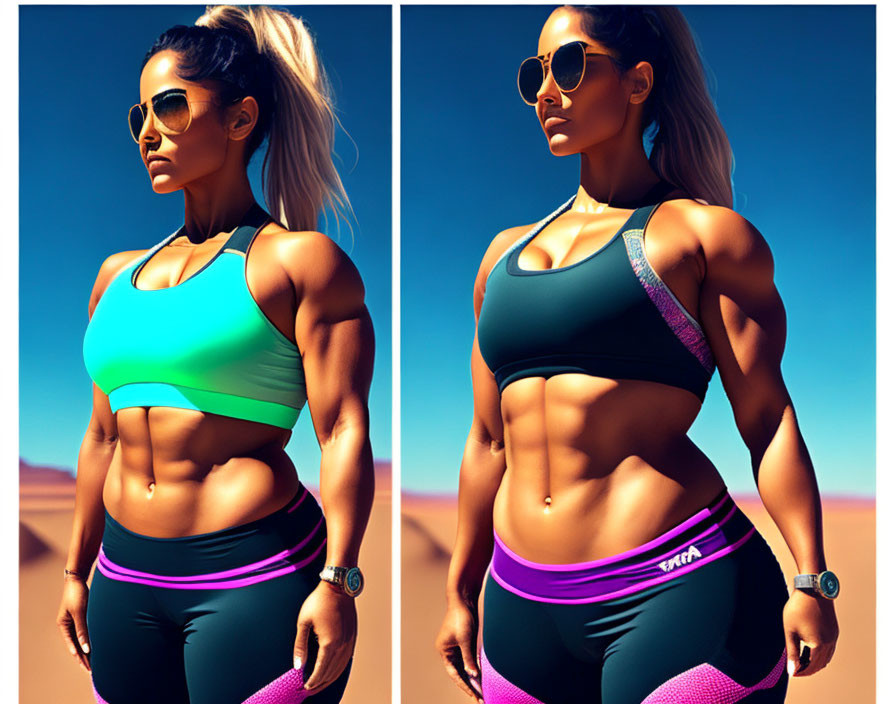 Fit woman in sportswear posing confidently in desert sunlight