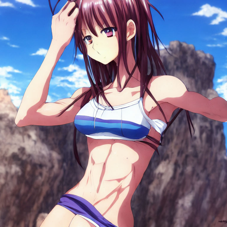 Animated female character with long brown hair in blue and white sports bikini against blue sky and clouds