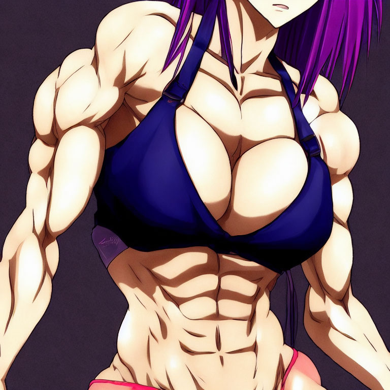 Muscular character with purple hair in blue bikini top, featuring defined torso and arms.