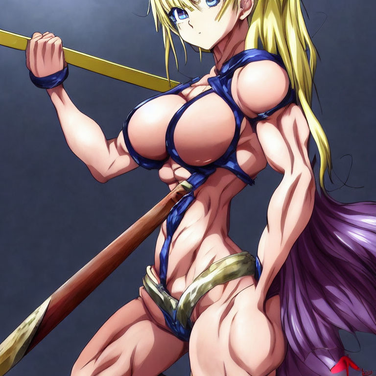 Muscular blonde anime character in revealing outfit with staff