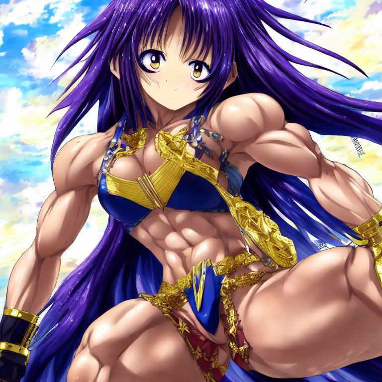 Anime character with long purple hair and golden armor bikini under blue sky