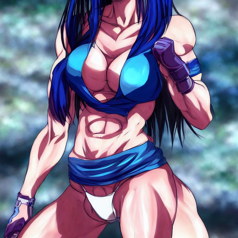 Muscular female character with blue hair in athletic attire