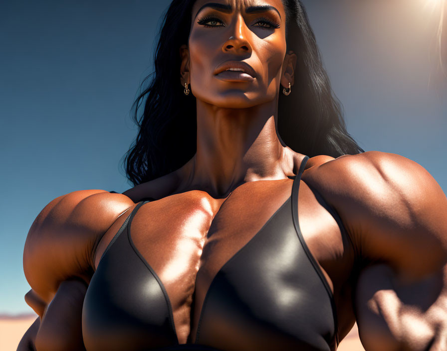 Muscular Woman in Black Sports Top Under Blue Sky