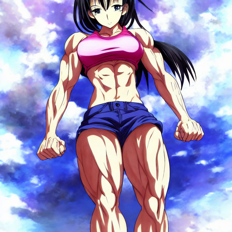 Muscular animated female character in pink crop top and blue shorts flexing under bright sky