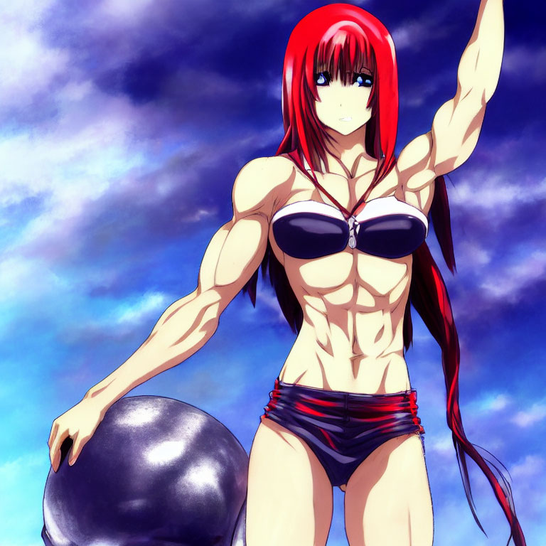 Muscular woman with red hair in bikini holding metallic sphere under blue sky