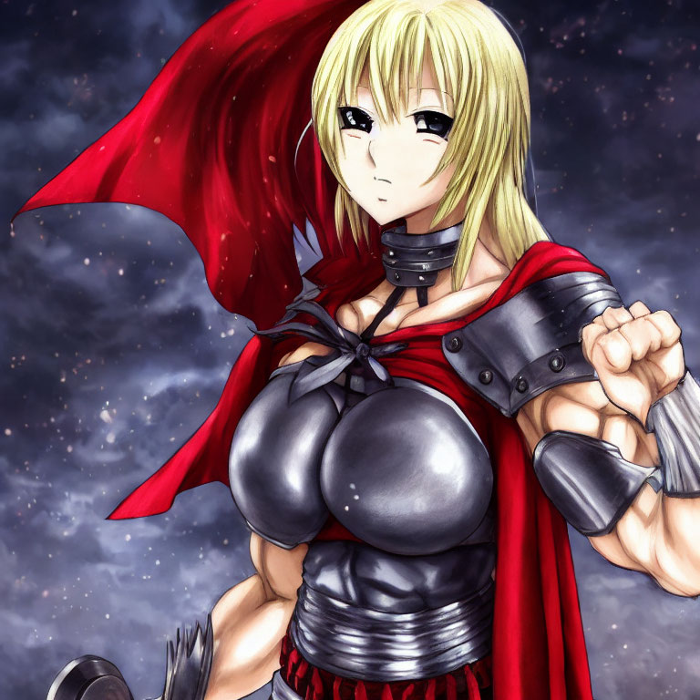 Blonde Anime Warrior in Red Cape and Metallic Armor Ready for Battle