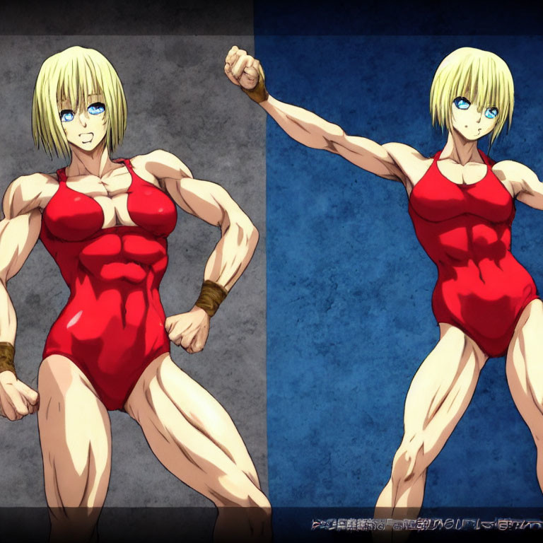 Blonde-haired female character in red swimsuit: Muscular pose vs. relaxed stance