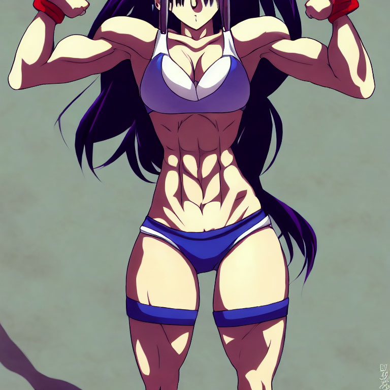 Muscular animated female in purple sports attire flexing arms