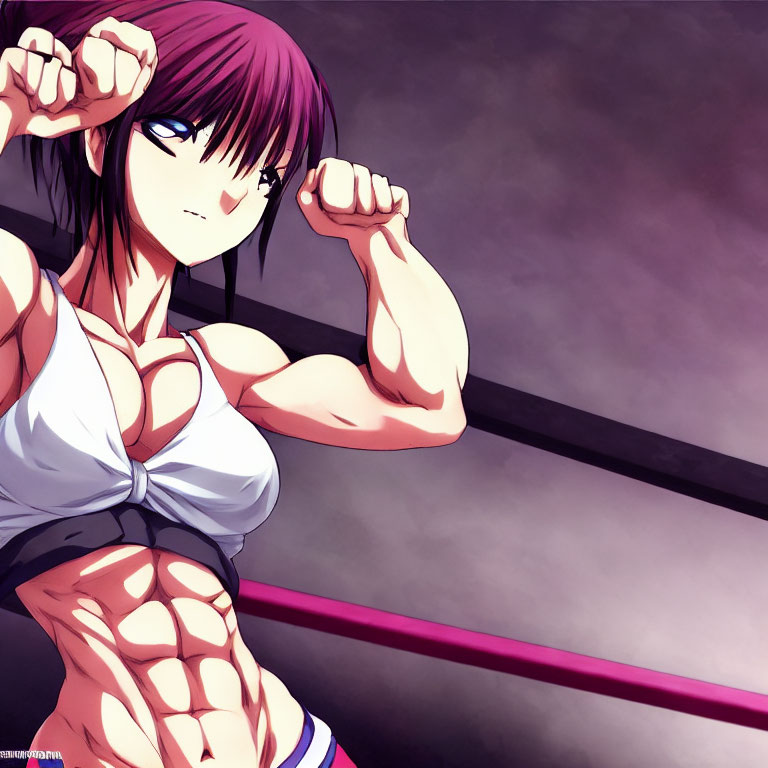 Purple-haired animated female character flexing muscles in white top on purple background