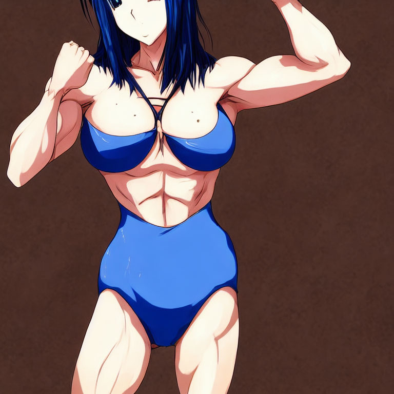 Muscular Female Character with Blue Hair in Swimsuit Flexing Biceps