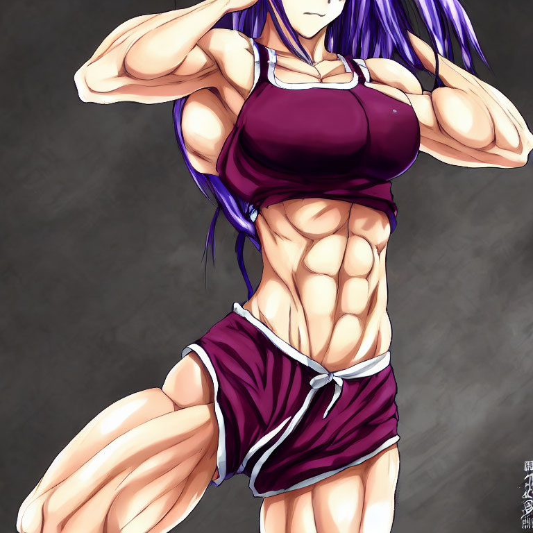 Muscular animated character with purple hair flexing arm muscles in maroon sports attire