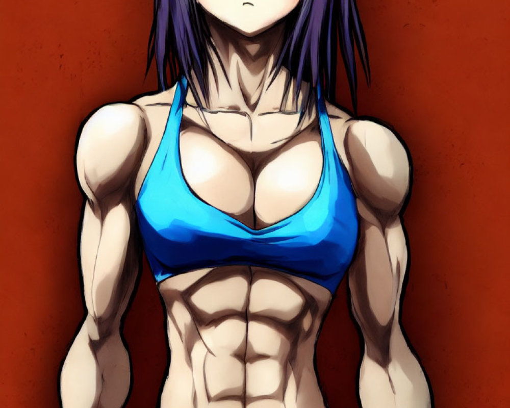 Muscular female anime character in blue sports bra on orange background