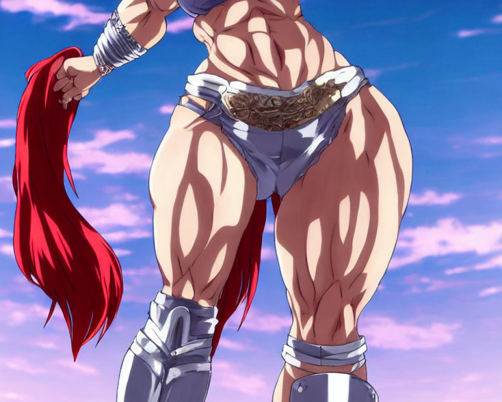 Red-Haired Muscular Character in Arm Guards Against Sky Backdrop