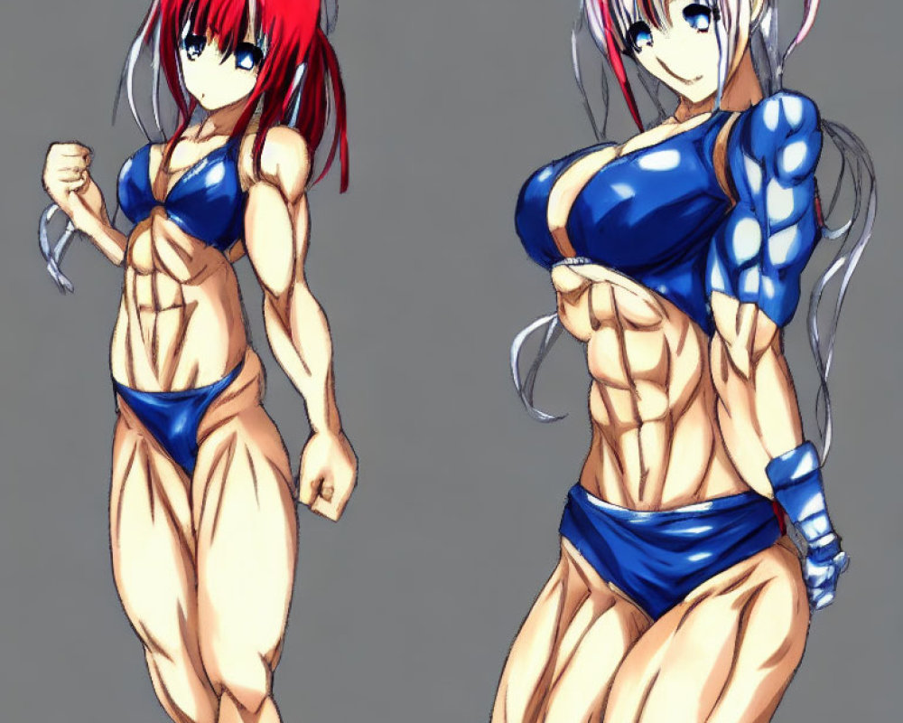 Muscular women in crop tops and shorts, one with red hair, the other with white hair,