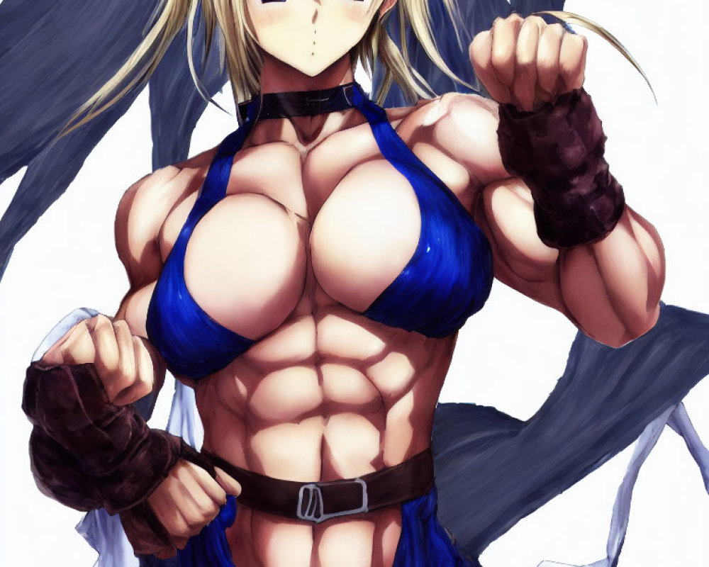 Muscular blonde anime female in blue top and gloves