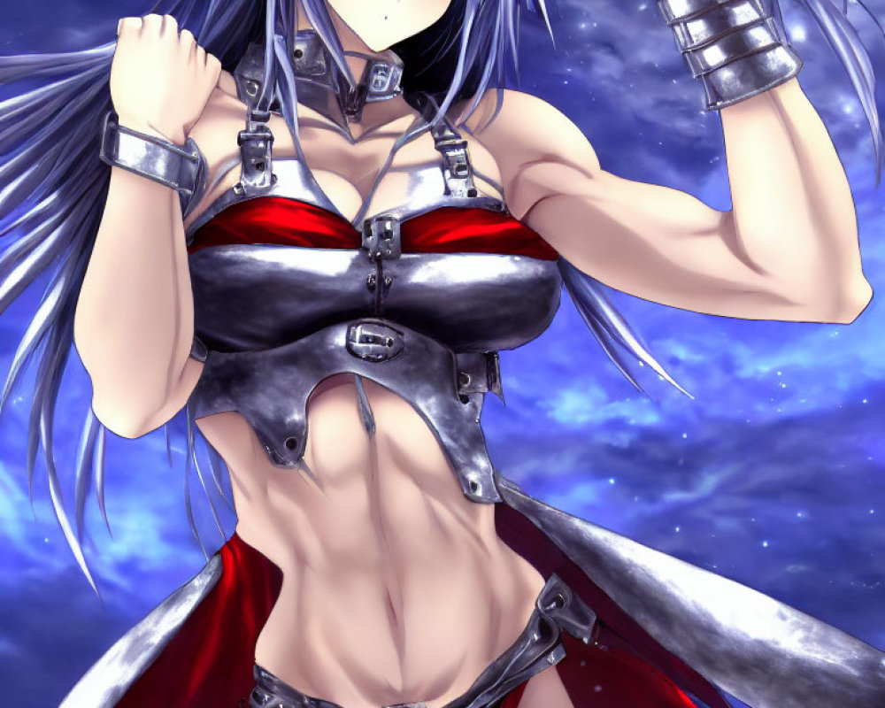 Silver-Haired Female Character in Black and Red Outfit with Red Eyes