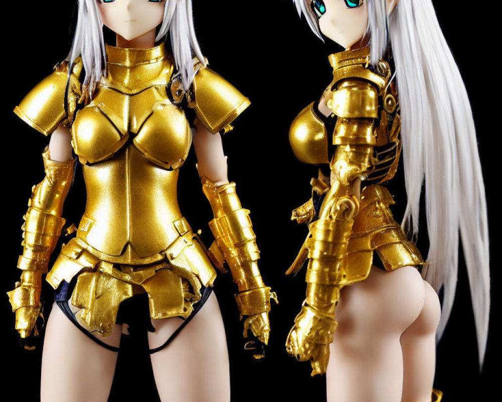 Female character in gold armor with silver hair and red eyes in two angles