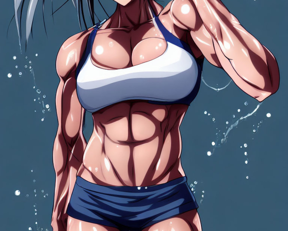 Muscular female character in blue and white sports bikini with water drops