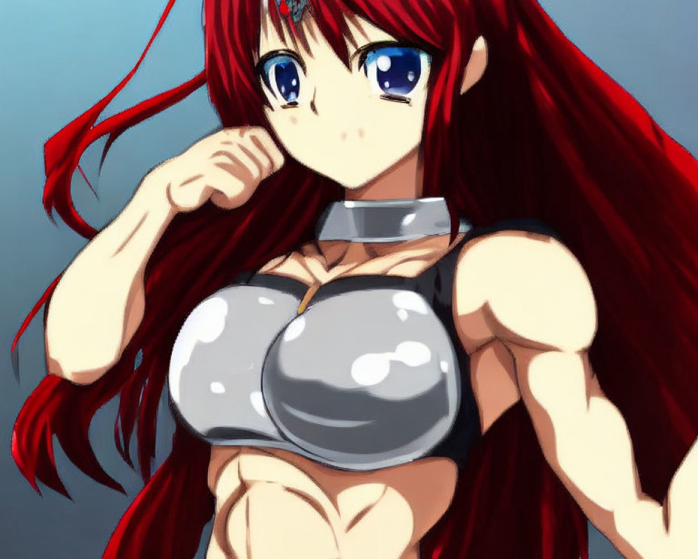 Long Red-Haired Anime Girl with Blue Eyes and Metallic Collar in Thoughtful Pose