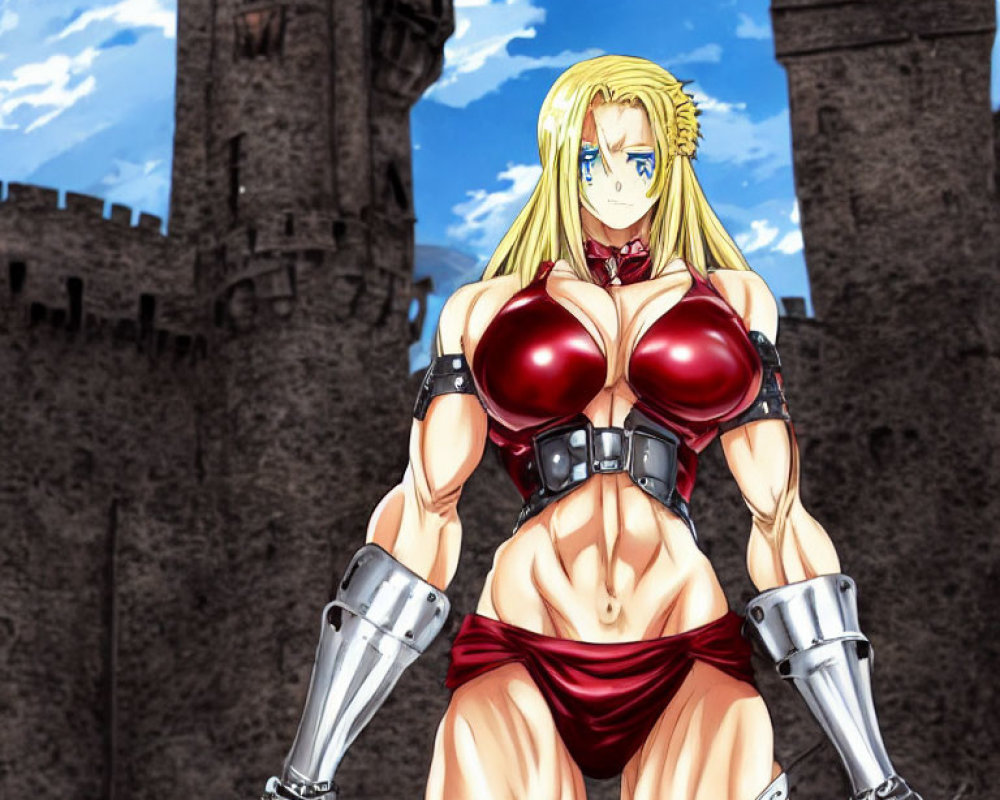 Blonde-haired female character in red armor with metal arm prosthetics at castle