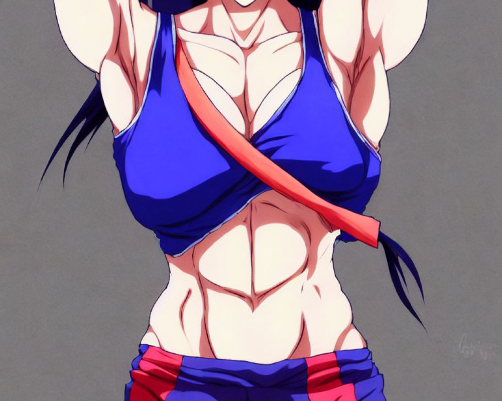 Fit anime-style female character in blue and red cropped martial arts outfit